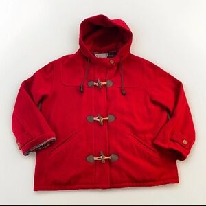 Vintage Red Wool Duffle Coat Hooded Toggle Jacket Size L